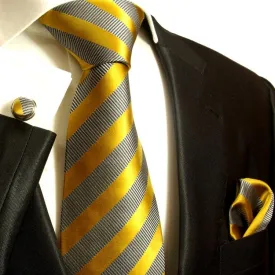 Gold and Grey Striped Silk Tie and Accessories in Silk